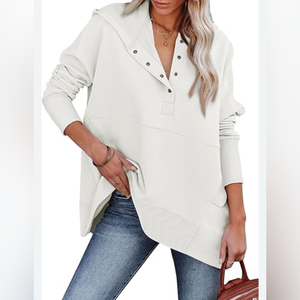 Oversized Hooded Pullover Cotton Blend White Snap  Comfy Casual Hoodie Size XL
